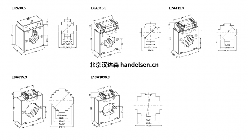 Janitza用于計費的塑殼電流互感器，等級0.5尺寸表